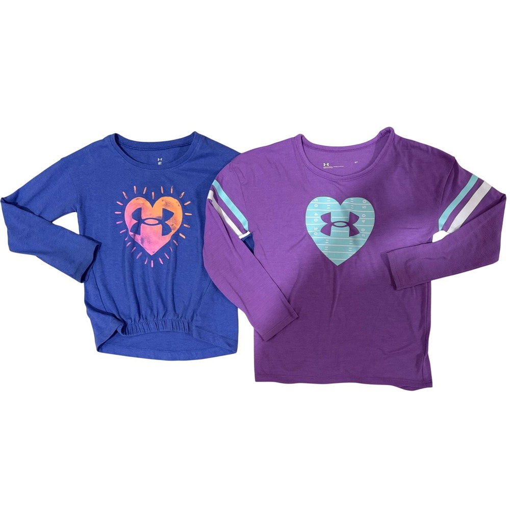 Under Armour Girls Long Sleeve Graphic‎ T-Shirt Lot of 2 Blue Purple 4T Football